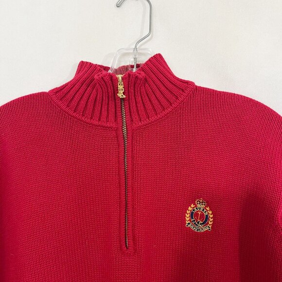 Vintage Lauren Ralph Lauren Red Quarter Zip Pullover Sweater Crest - Size Medium - Picture 3 of 6
